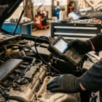 エンジンルームを診断機で点検する整備士