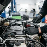 車検・定期点検でエンジンルームを整備する様子